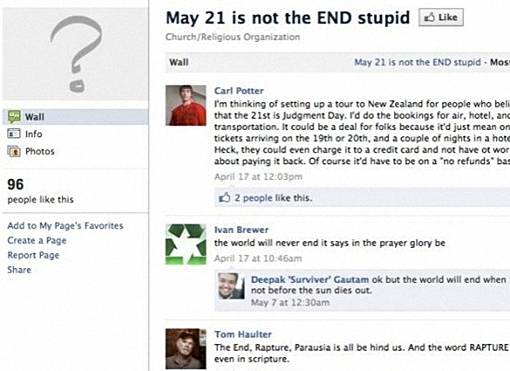 Alasan Kenapa Kiamat 21 Mei 2011 TIDAK Akan Terjadi - halaman facebook mengatakan tidak dan bodoh